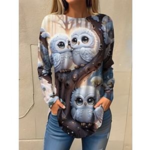 Women's T shirt Tee Animal White Navy Blue Blue Print Long Sleeve Daily Weekend Fashion Round Neck Regular Fit Spring   Fall Lightinthebox
