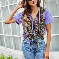Women's T shirt Tie Dye Round Neck V Neck Basic Tops Purple miniinthebox - thumbnail