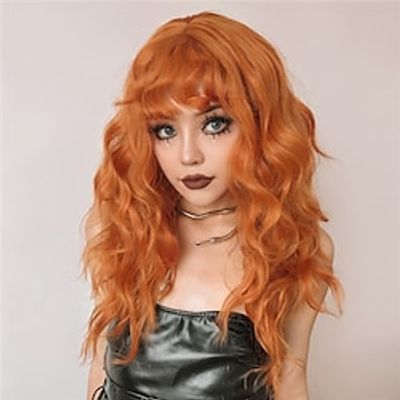 Synthetic Wig Curly With Bangs Machine Made Wig 20 inch Orange Synthetic Hair Women's Fashion Fluffy Orange  Daily Wear Lightinthebox