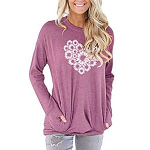 Women's Painting T shirt Floral Heart Daisy Long Sleeve Print Round Neck Basic Tops Cotton Blushing Pink Green Light gray miniinthebox