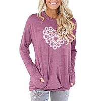 Women's Painting T shirt Floral Heart Daisy Long Sleeve Print Round Neck Basic Tops Cotton Blushing Pink Green Light gray miniinthebox - thumbnail