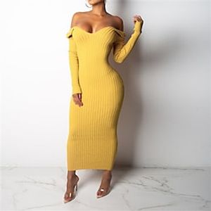 Women's Sweater Formal Dress Winter Formal Dress Bodycon Knit Formal Dress Midi Formal Dress Blue Yellow Red Brown White Black Long Sleeve Pure Color Patchwork Winter Fall V Neck Elegant Modern 2022 S miniinthebox