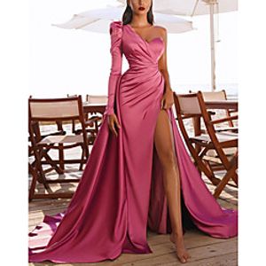 A-Line Elegant Vintage Party Wear Prom Dress One Shoulder Long Sleeve Court Train Satin with Ruched Split 2021 Lightinthebox