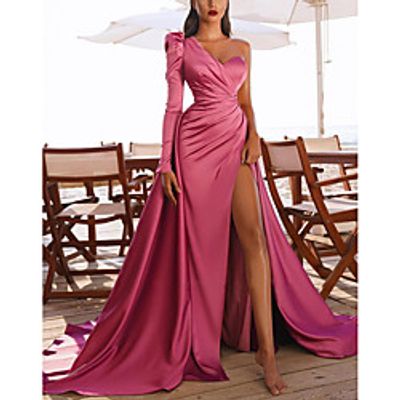 A-Line Elegant Vintage Party Wear Prom Dress One Shoulder Long Sleeve Court Train Satin with Ruched Split 2021 Lightinthebox