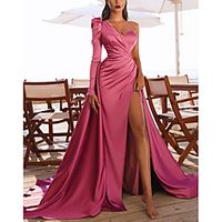 A-Line Elegant Vintage Party Wear Prom Dress One Shoulder Long Sleeve Court Train Satin with Ruched Split 2021 Lightinthebox - thumbnail