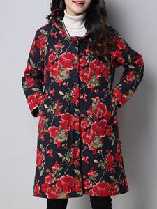 Vintage Women Flower Printed Hooded Coat