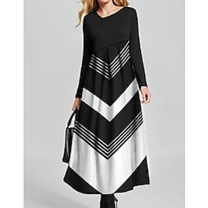 Women's Swing Dress Midi Dress Maxi long Dress Black And White Long Sleeve Striped Ruched Print Fall Winter V Neck Stylish Modern 2022 S M L XL XXL 3XL miniinthebox