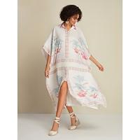 Satin Kaftan Plant Print Half Sleeve Midi Shirt Dress - thumbnail