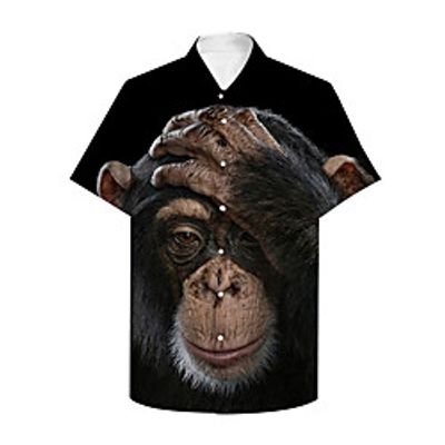 Men's Shirt 3D Print Graphic Prints Orangutan Animal Button-Down Print Short Sleeve Daily Tops Casual Designer Big and Tall Black miniinthebox