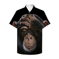 Men's Shirt 3D Print Graphic Prints Orangutan Animal Button-Down Print Short Sleeve Daily Tops Casual Designer Big and Tall Black miniinthebox - thumbnail