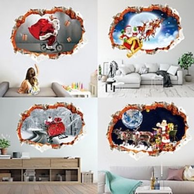 3D Christmas Wall Decals Santa Claus Wall Stickers Christmas Break Through The Wall Vinyl Stickers Santa Claus Carrying Gifts Wall Mural Decals Removable Home Decor for Kids Room Living Room Lightinthebox