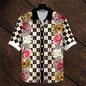 Valentine's Day Floral Plaid  Check Casual Men's Shirt  Street Casual Daily Summer Turndown Short Sleeve Yellow Pink Blue S M Lightinthebox