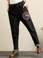 Vintage Denim Embroidery Women Harem Pants