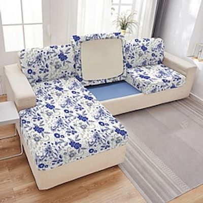 Blue Stretch Sofa Seat Cushion Cover Jacquard Slipcover Elastic Couch Armchair Loveseat 4 or 3 Seater Grey Plain Solid Soft Durable Washable miniinthebox