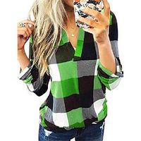 Women's Shirt Checked Long Sleeve Tops Blouses Plaid Shirt V Neck Casual Tunic for Ladies 5XL Green Lightinthebox - thumbnail