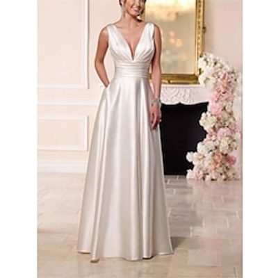 Beach Casual Formal Wedding Dresses A-Line V Neck Sleeveless Floor Length Taffeta Bridal Gowns With Pleats Ruched 2023 Lightinthebox