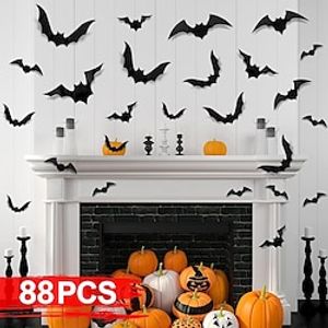 88 Pcs 4 Sizes Halloween Decorations PVC 3D Bats Wall Decor for Halloween Party Supplies Scary Bats Wall Stickers Set DIY Bat Clings for Halloween Home Decor Indoor Outdoor (Black) miniinthebox