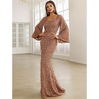 Mermaid  Trumpet Evening Gown Sparkle  Shine Dress Formal Fall Sweep  Brush Train Long Sleeve V Neck Sequined with Glitter Ruched 2023 Lightinthebox - thumbnail