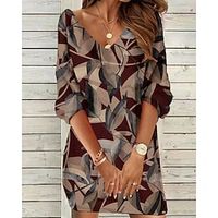 Women's Sweatshirt Dress Shift Dress Mini Dress Maroon Yellow Dusty Blue 3/4 Length Sleeve Graphic Print Winter Fall Spring V Neck Fashion Vacation Weekend 2022 S M L XL 2XL 3XL miniinthebox - thumbnail