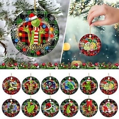 Christmas Tree Grinch Ornament Hanging Decorations Cute Christmas Ornament 2023 New 2D Acrylic Crafts Hanging Ornament New Year Festive Party Supplies Room Hanging Decor for Grinch Lover Winter Gifts Lightinthebox