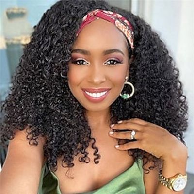 Human Hair Wig Curly With Headband Natural Black Adjustable Easy to Carry Natural Hairline Machine Made Brazilian Hair Women's Natural Black #1B 12 inch 14 inch 16 inch Party  Evening Daily Wear Lightinthebox