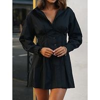 Women's Casual Dress Shirt Dress Black Long Sleeve Pure Color Ruched Winter Fall Shirt Collar Fashion Casual Modern Fall Dress 2022 S M L XL 2XL / Winter Dress / Black Dress miniinthebox - thumbnail