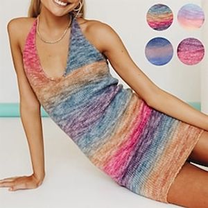 Women's Sweater Dress Jumper Dress Winter Dress Mini Dress Knitwear Fashion Casual Ombre Color Block Rainbow Outdoor Daily Vacation Going out Halter Neck Sleeveless Backless Patchwork 2023 Slim Pink Lightinthebox