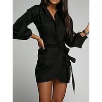 Women's Work Dress Little Black Dress Sheath Dress Winter Dress Office Daily Mini Dress Lace up Ruched Shirt Collar Long Sleeve Plain Regular Fit Black Sky Blue Orange Fall Winter Lightinthebox - thumbnail