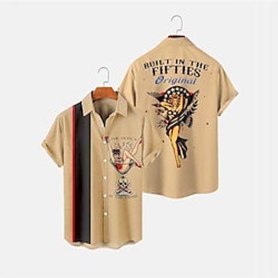 Men's Shirt Summer Hawaiian Shirt Vintage Hawaiian Shirts Letter Graphic Prints Cocktail Hula Girls Turndown White Yellow Light Green Black / Brown Red Street Casual Short Sleeves Button-Down Print miniinthebox