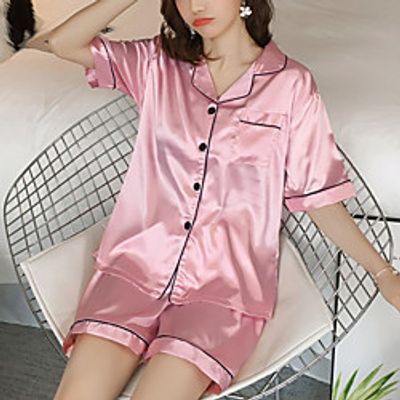 Women's Plus Size Breathable Gift Pajamas Sets Home Party Daily Bed Basic Elastic Waist Pure Color Satin Simple Fashion Retro Soft Shirt Shorts Fall Spring Summer Lapel Short Sleeve Short Pant Buckle Lightinthebox