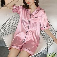 Women's Plus Size Breathable Gift Pajamas Sets Home Party Daily Bed Basic Elastic Waist Pure Color Satin Simple Fashion Retro Soft Shirt Shorts Fall Spring Summer Lapel Short Sleeve Short Pant Buckle Lightinthebox - thumbnail