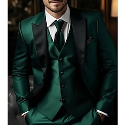 Green Men's Wedding Party Tuxedos 3 Piece Peak Solid Colored Christmas Wear Tailored Fit Single Breasted One-button 2023 Lightinthebox