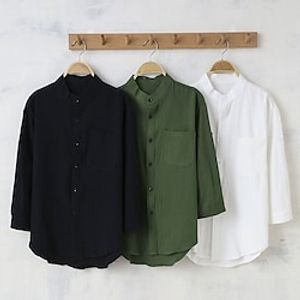 Men's Dress Shirt Linen Shirt Plain Standing Collar Black White Army Green Work Daily 34 Length Sleeve Clothing Apparel Linen Business Comfortable Pocket Lightinthebox