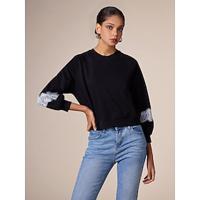 Cotton Blend Lace Trim Sleeves Ribbed Hem Black Sweatshirt - thumbnail