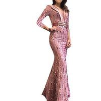 Women's Party Dress Black Dress Sequin Dress Wedding Guest Dress Long Dress Maxi Dress Pink Blue 34 Length Sleeve Pure Color Sequins Spring Fall Winter Lightinthebox - thumbnail