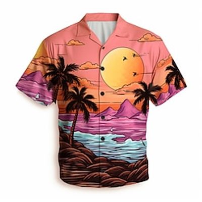 Sunset Hawaiian Casual Men's Shirt Outdoor Street Casual Daily Fall Cuban Collar Short Sleeve Pink S M L Shirt Lightinthebox