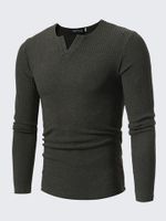 Mens Fall Winter Brief Style Solid Color Knitted V-neck Long Sleeve Casual T-shirt