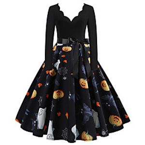 Women's A Line Dress Midi Dress Black Long Sleeve Print Vintage Style Fall Winter V Neck Vintage 2021 S M L XL XXL XXXL miniinthebox