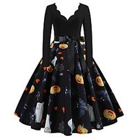 Women's A Line Dress Midi Dress Black Long Sleeve Print Vintage Style Fall Winter V Neck Vintage 2021 S M L XL XXL XXXL miniinthebox - thumbnail