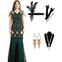The Great Gatsby 1920s Vintage Vacation Dress Flapper Dress Outfits Masquerade Prom Dress Women's Costume Black / Red / Green Vintage Cosplay Party Prom / Gloves / Headwear / Necklace / Earrings miniinthebox - thumbnail