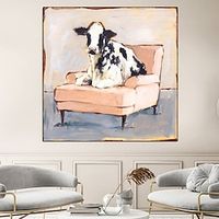 Handmade A cow sitting on a sofa painting handmade Abstract Cow Oil Painting Unique Artwork Vibrant Animal Canvas painting Wall Art Cow painting for living room bedroom wall home decor Lightinthebox