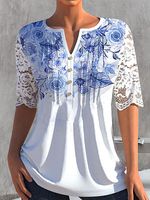 Round Neck Casual Floral Print Lace Panel Short-sleeved T-shirt