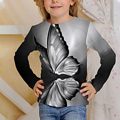 Kids Girls' T shirt Long Sleeve 3D Print Butterfly Gray Children Tops Fall Active Regular Fit 4-12 Years Lightinthebox