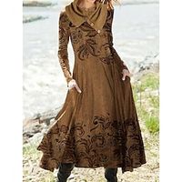 Women's Paisley Dress Winter Dress Floral Paisley Print Button Shirt Collar Midi Dress Vintage Ethnic Outdoor Daily Long Sleeve Regular Fit Brown Fall Winter S M L XL XXL Lightinthebox - thumbnail