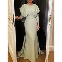 A-Line Evening Gown Elegant Dress Formal Christmas Red Green Dress Sweep  Brush Train Long Sleeve V Neck Satin with Pleats Sequin 2023 Lightinthebox - thumbnail