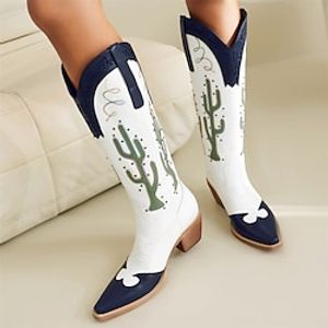 Women's Boots Cowboy Boots Party Embroidered Knee High Boots Winter Embroidery Chunky Heel Pointed Toe Bohemia PU Loafer Black Blue miniinthebox