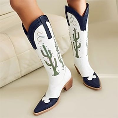 Women's Boots Cowboy Boots Party Embroidered Knee High Boots Winter Embroidery Chunky Heel Pointed Toe Bohemia PU Loafer Black Blue miniinthebox