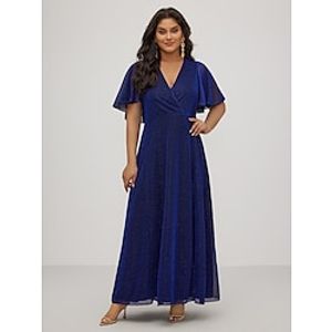 Women's Plus Size Curve Party Dress Swing Dress Formal Dress Plain Long Dress Maxi Dress Short Sleeve V Neck Elegant Party Blue Summer Spring Wedding Guest Dress Lightinthebox
