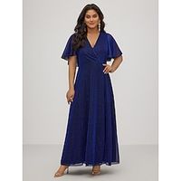 Women's Plus Size Curve Party Dress Swing Dress Formal Dress Plain Long Dress Maxi Dress Short Sleeve V Neck Elegant Party Blue Summer Spring Wedding Guest Dress Lightinthebox - thumbnail