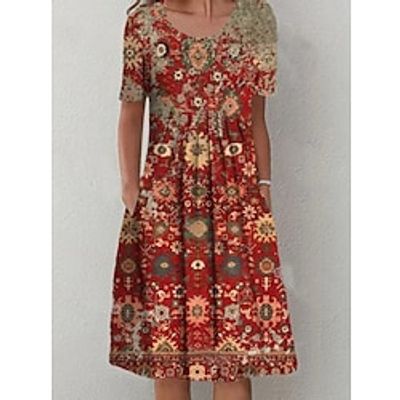 Women's A Line Dress Knee Length Dress Red Short Sleeve Floral Print Ruched Print Spring Summer Crew Neck Vacation Modern 2022 S M L XL XXL 3XL Lightinthebox